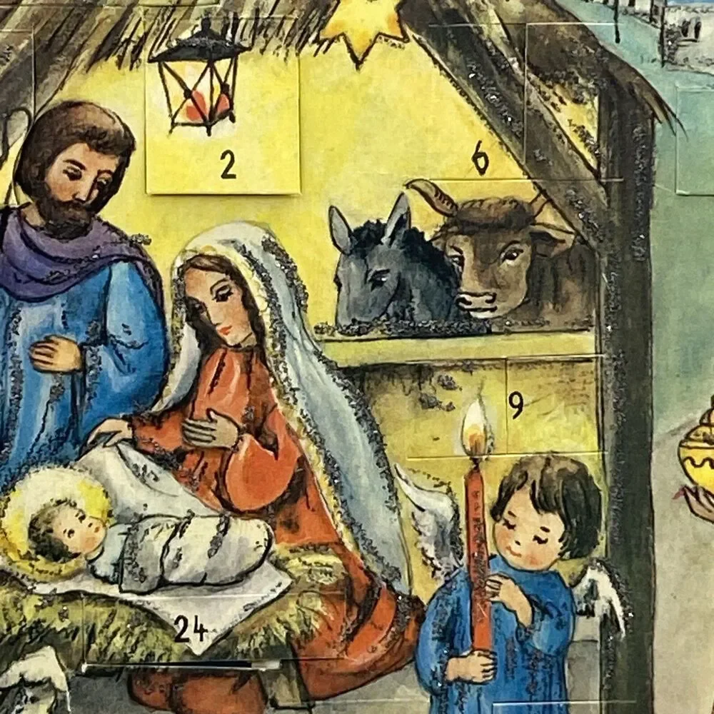 Vintage German Advent Christmas Calendar Manger Jesus Angel Glitter Bible Verse